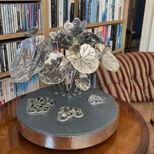 Marsh marigold flowers and leaves over glass frogspawn set in concrete to look like a pond