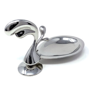 tear drop shape pewter silver colour small tray with decorative flowing stand at the side